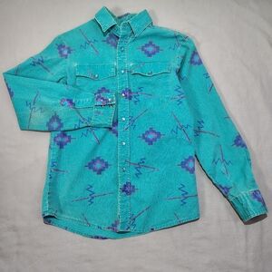 VINTAGE Wrangler Shirt Boys Aztec Brushpopper Western Snap Long USA 90s Size 14
